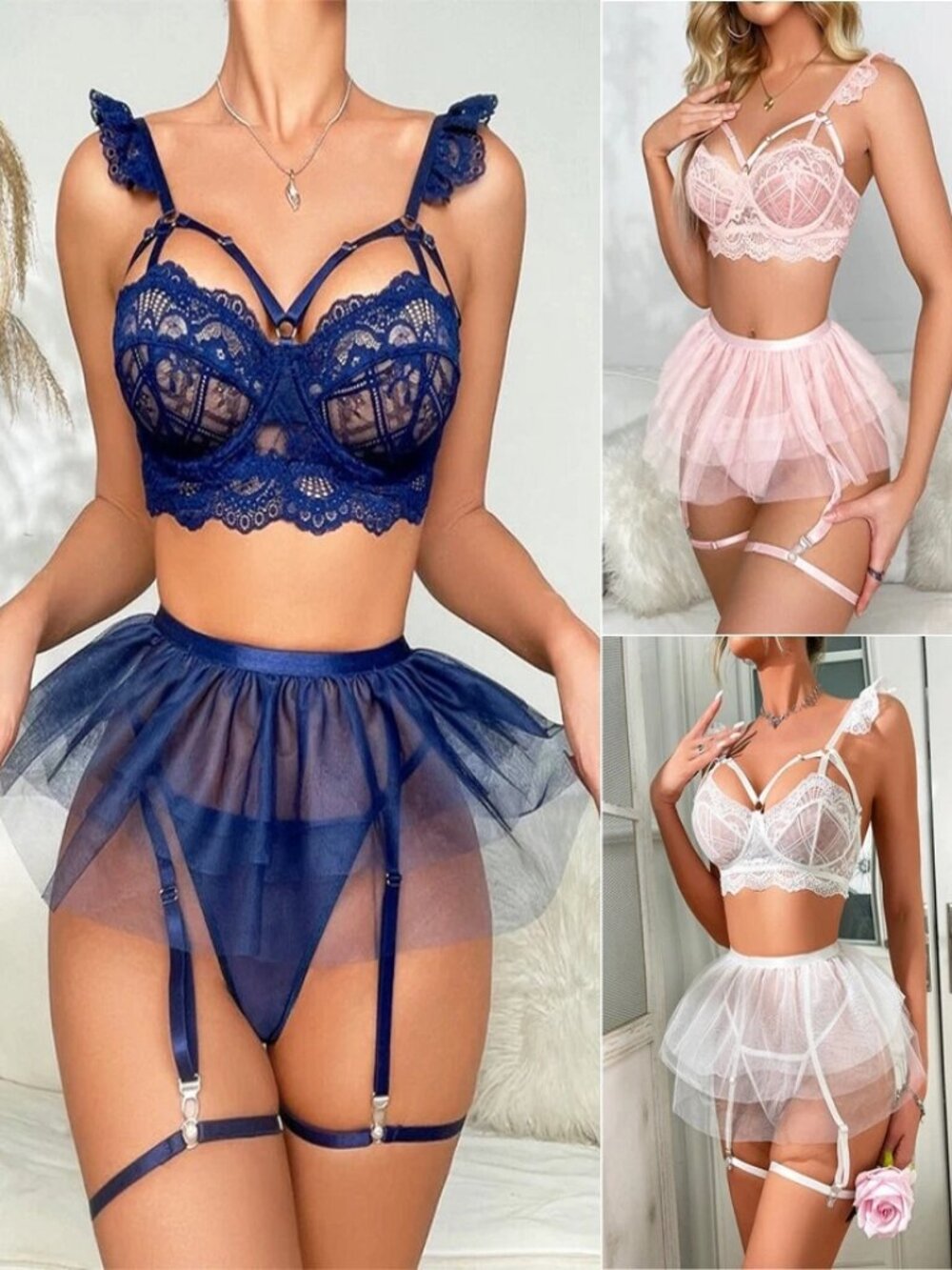 Women Sexy Lingerie Lace Sheer Babydoll Nightie Chemise Sleepwear Bra Skirt Set. - Picture 2 of 14